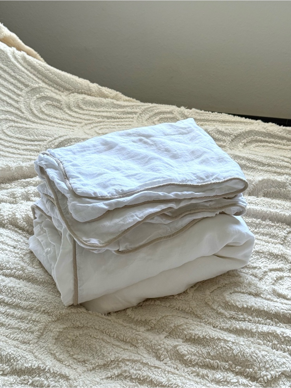 Quince European Linen Piped Duvet Cover Set Full/Queen White Toffee EUC - Picture 3 of 6